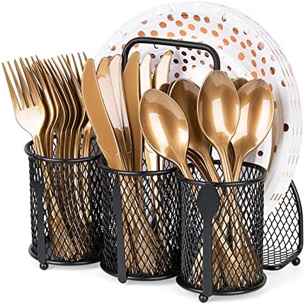 DTICON Metal Utensil Caddy Silverware Organizer, Utensil Holder Cutlery Caddy, Flatware Spoon Fork Storage for Outdoor Party Camping Picnic Buffet RV BBQ Farmhouse Kitchen Countertop (Black)