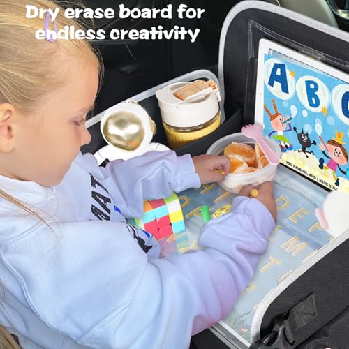 Image of MENZOKE Kids Travel Tray for Car Seat, Road Trip Essential Kids Lap Tray | Toddler Gift for Boy Activities with Dry Erase Board, No-Drop iPad Holder Stand, Cooler Cup Holder & Adjustable Strap, Black