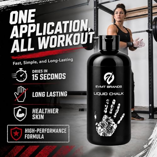 Image of EVMT Brands Liquid Chalk, Mess Free Gym Chalk for Weightlifting, Gymnastics, Rock Climbing, Dancing. Sweat Resistant and Long Lasting for Stronger Grip.