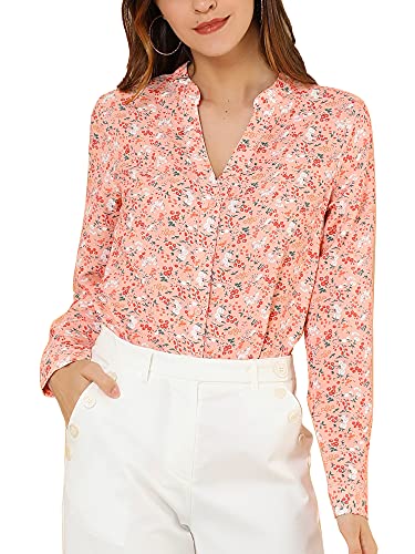 Allegra K Women's Chiffon Floral Tops V Neck Long Sleeve Button-Up Blouse Shirt X-Small Pink #TOP8
