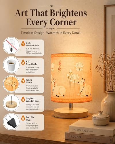 Image of Homesake Pine Table Lamp Wooden Bedside Lamp Simple Bedroom Light Linen Shade Mini Desk Lamp Nightstand Lamp for Bedroom, Living Room, Gift, (Pichwai Art of India Shade Cylinder)