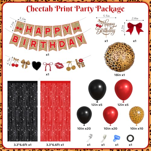 Image of Ouddy Life Cheetah Print Red and Black Balloons Birthday Decorations | Cherry Leopard Print Foil Balloons Happy Birthday Banner Fringe Curtain Bow Leopard Cake topper for Women Girls Party Decor