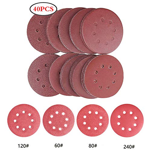 PopHMN Dischi abrasivi 40 pezzi, 8 fori 60 80 120 240 Fogli abrasivi carta abrasiva grana 125mm per levigatrice orbitale casuale