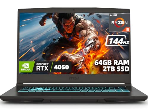 MSI Thin A15 15.6" FHD IPS 144Hz Gaming Laptop, AMD Ryzen 5 7535HS Processor, NVIDIA GeForce RTX 4050 6GB, 64GB DDR5 RAM, 2TB NVMe SSD, Wi-Fi 6E, HDMI, Backlit Keyboard, Windows 11 Home