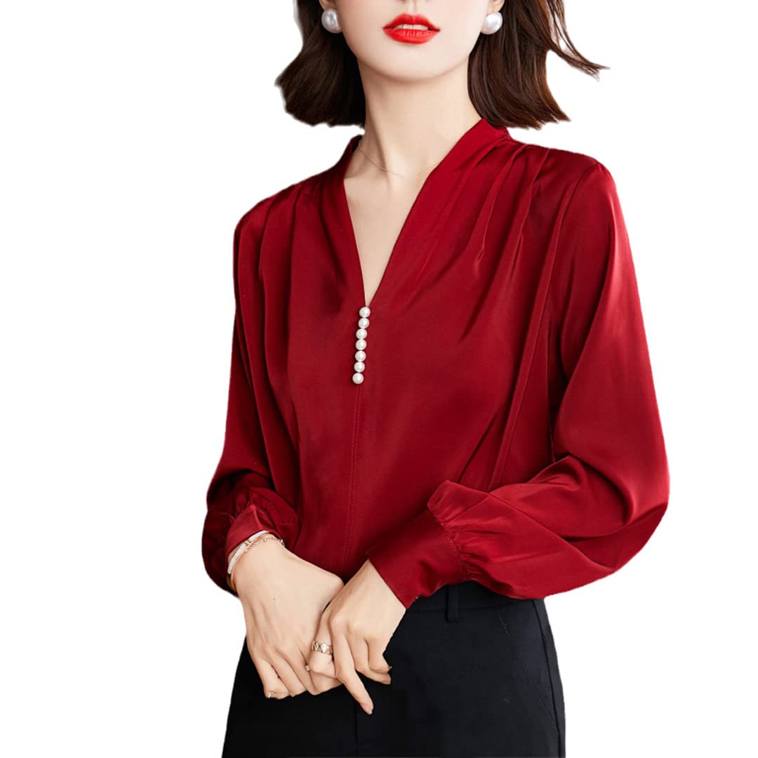 Chemise à Manches Longues à col en V pour Femmes Printemps Casual Blouse de Travail de Bureau en Vrac Chemises en Mousseline de Soie plissée perlée