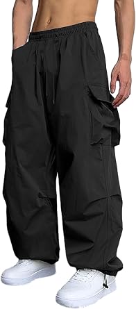 Mens Casual Cargo Pants Elastic Waist Drawstring Street Hip Hop Trousers with Pockets