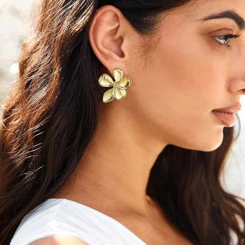 4 Pairs Chunky Gold Flower Dangle Earrings for Women, Gold Plated Irregular Leaf Floral Big Statement Earrings Set4
