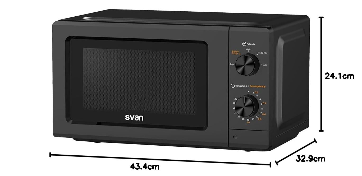 Svan Microondas 19 Litros Básico Negro SMW19700N. 700W, Programas, Modo Descongelación, Revestimiento Interior, Fácil Limpieza, Temporizador 30min.
