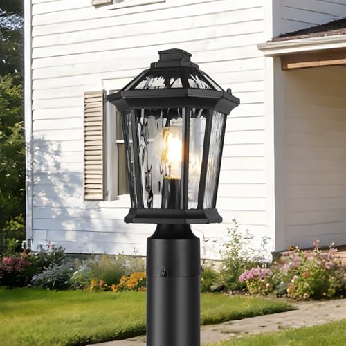 Image of JYZ Outdoor Post Lights Lamp Post Light Fixture, 14'' Pole Lantern with E26 Base 60W Max & Waterproof Aluminum Housing Plus Water Ripple Glass,Fence Post Deck Lighting for Garden, Patio, Pathway