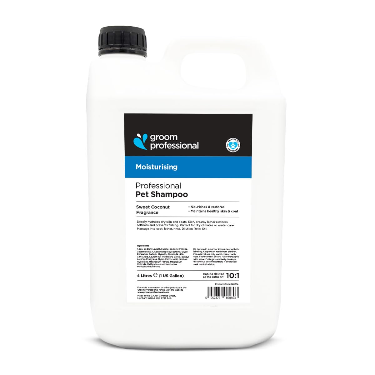 Groom Professional Shampooing hydratant pour chien à la noix de coco (4 l) - Format salon 10:1 - Avec huile de coco pour brillance et douceur - Nettoie en profondeur - Parfum agréable - Fabriqué au