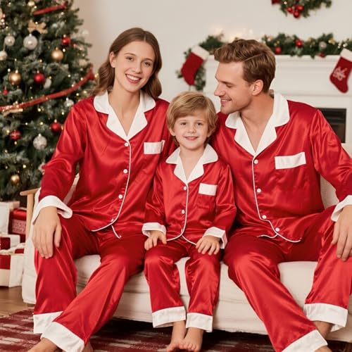 Family Christmas Pajamas Matching Sets Satin Long Sleeve Holiday Casual Lounge Soft Xmas Silk Pjs Two Piece Sets4