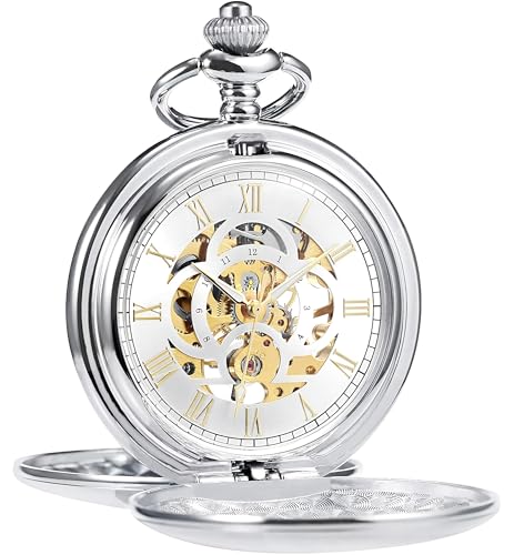 HOUSIA Modern Mechanical Pocket Watch for Men - Smooth Polished Silver Mirror Finish Double Open Case Skeleton Hand-Winding Luxury Movement Accessory with 25cm Chain Gift Box for Holiday & Anniversary