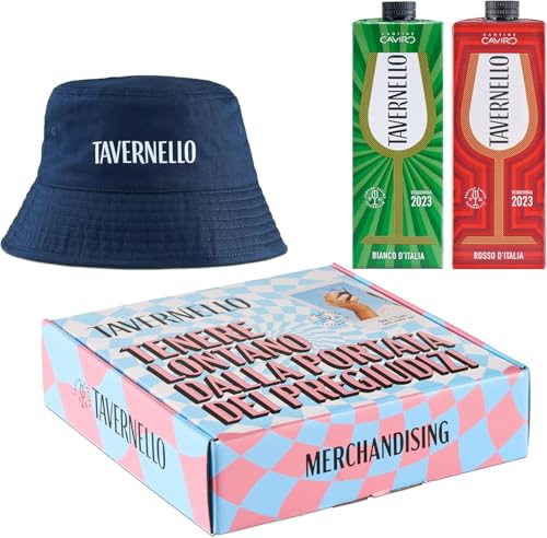 Tavernello Merchandising Cofanetto con Cappello Pescatore Blu, Vino Rosso d'Italia in Brick 1L, Vino Bianco d'Italia in Brick 1L, Merch e Vino Confezione Regalo