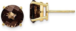 Brincos de ouro amarelo 14 k 8 mm redondo corte quadriculado quartzo esfumaçado pino pino pino pedra preciosa de junho joias finas para mulheres presentes para ela, Quartzo fumê