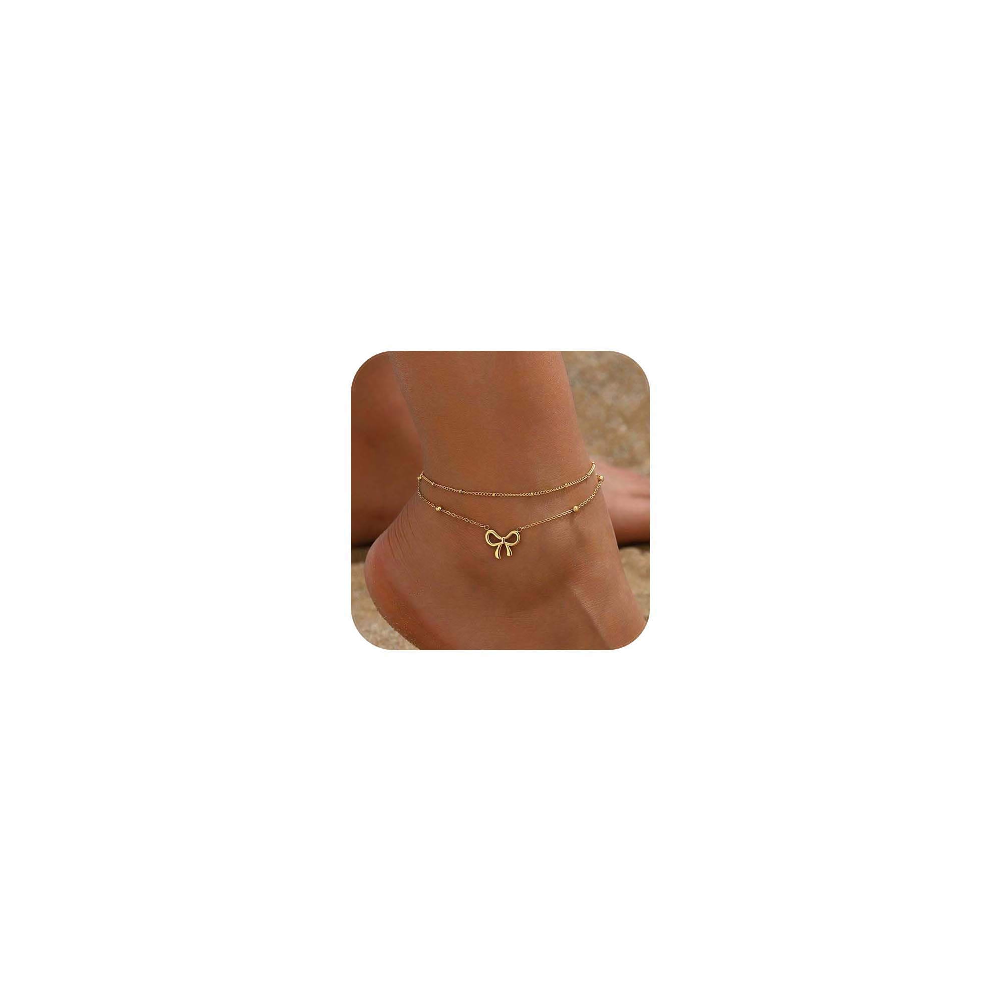 NONAMOIS Cavigliera placcata in oro 18 carati con diamante per le donne impermeabile oro CZ perla Bow Link Chain Cavigliere non si ossidano estate spiaggia gioielli regali