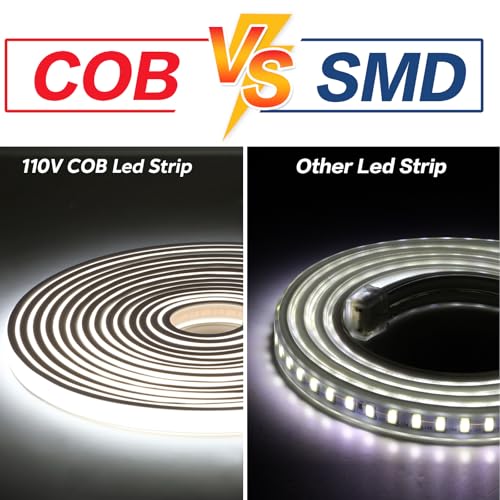 Image of COB LED Strip Lights 32.8 ft Waterproof IP67 110 Volt Outdoor Lights Strip 10m LED Lights Cuttable 320LEDs /m 6000K Cold White with US Plug Indoor Rope Lights for Bedroom Ceiling Kitchen Cabinet Mirror