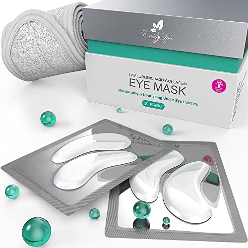 Easy Spa Hyaluronic Acid Under Eye Patches, Under Eye Gel Pads, Skin Care Eye Masks for Puffiness and Dark Circles - 20 Pairs + Hair Band Hyaluronic Acid Patches
