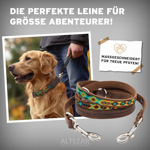 ALTEZAR Hundeleine Leder Breit Tribal Handgemacht in Mexiko für große Hunde Blau