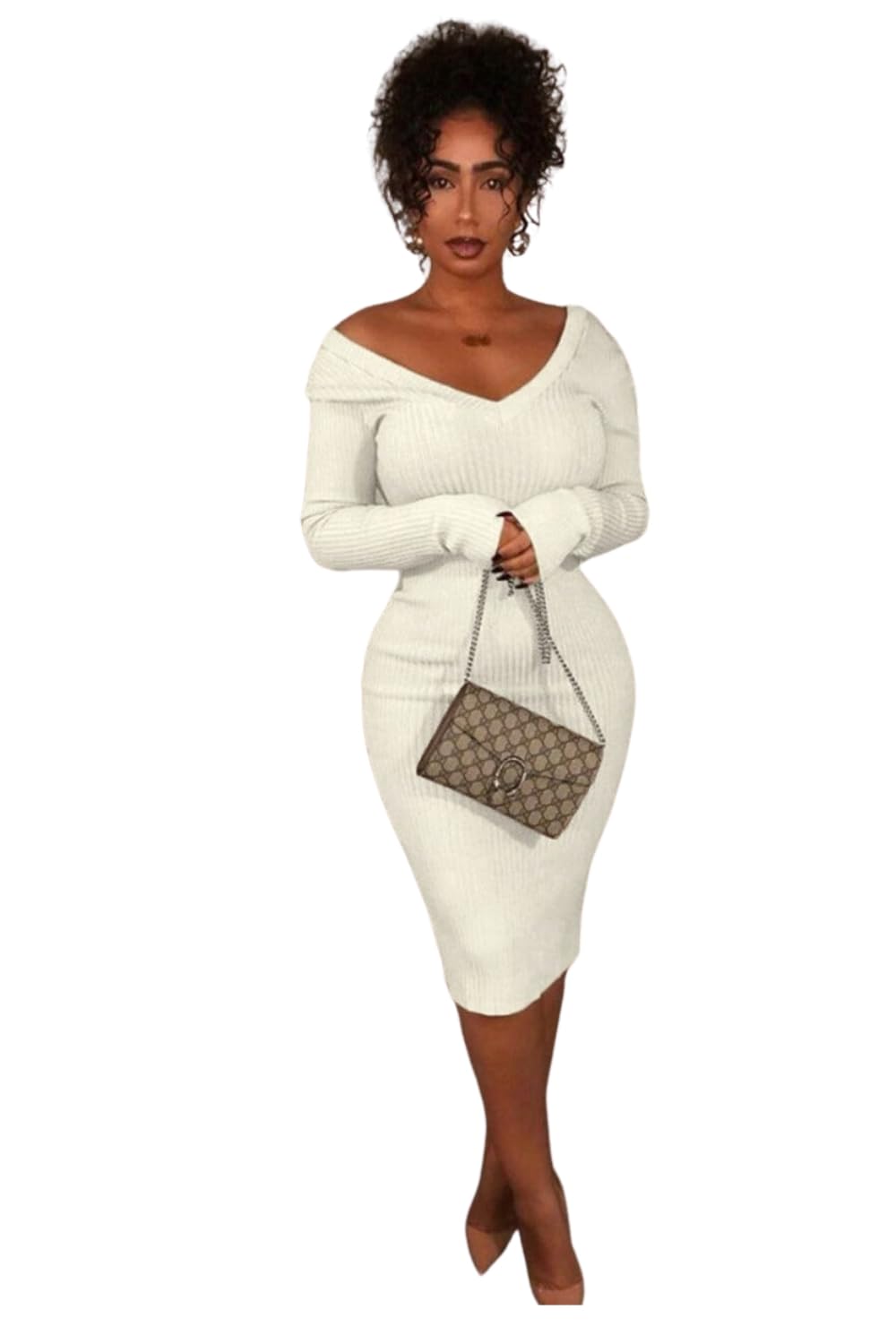 Femme Luxe Ribbed V Neck Midi Jumper Dress - Ivy - Cream - 8/10
