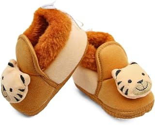 Neska Moda 6 To 12 Months Baby Boys & Girls Cotton Animal Face Shoes/Booties (Brown)-BT3363