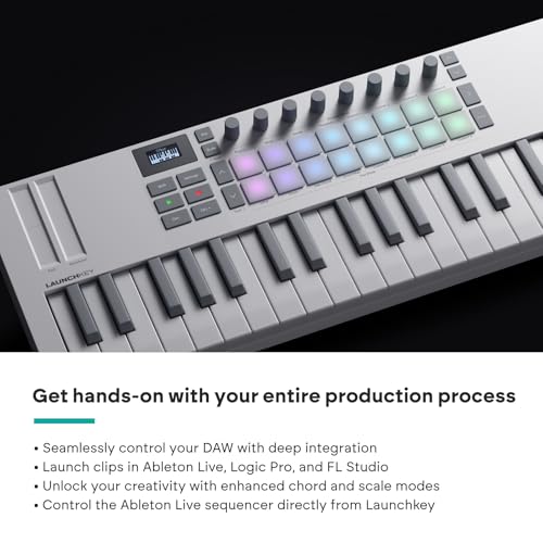 Image of Novation Launchkey Mini 37 MK4 White - Portable 37 Mini-Key, USB, MIDI Keyboard with DAW Integration. Chord & Scale Modes, 16 Drum Pads, Arpeggiator, & Includes Music Creation Software Bundle | 37 Mini Synth Keys, 16 Velocity-Sensitive Rgb Pads, 8 Encoders, Generative Arpeggiator