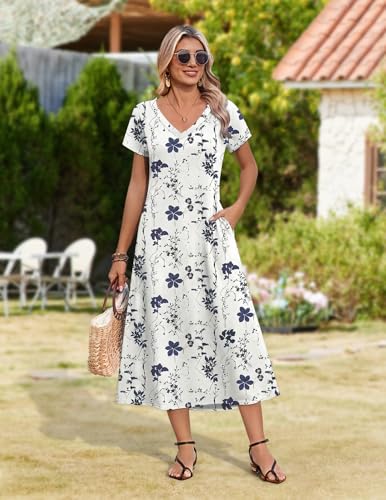 Image of Zeagoo Women Summer Floral Dress Short Sleeve Beach Dress with Pockets Casual V-Neck Split Long T-Shirt Dress Travel Vacation