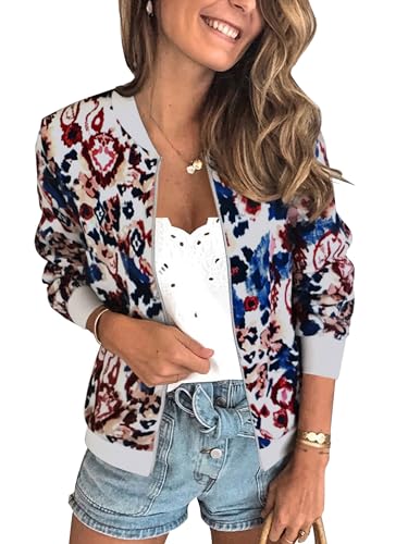 ECOWISH Damen Casual Jacke Blumenmuster Langarm Bomberjacke Reißverschluss...