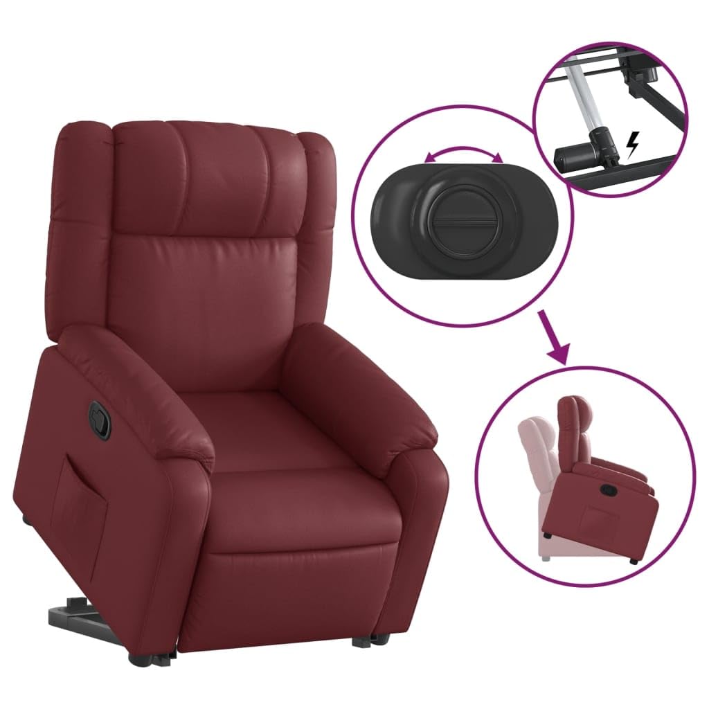 Fauteuil rehausseur inclinable en similicuir rouge vin avec moteur électrique et inclinaison manuelle à 135 degrés pour une assise confortable et un levage assisté
