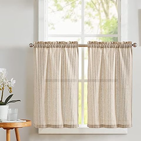 Vangao Stripe Farmhouse Kitchen Curtains 36 Inch Length Linen Blend Cafe Curtains Tickingstripe Tier Curtains Pinstripe Semi-Sheer Small Window Curtains Rod Pocket 2 Panels Taupe on Beige Cover
