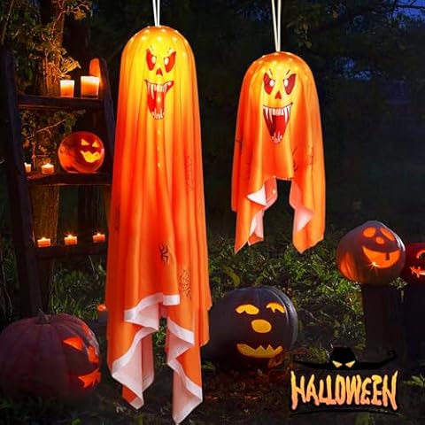 FUNIAO (New) 2 Pcs Halloween Decorations Outdoor, Spooky Ghost with String Lights, Halloween Haunted House Props Battery Operated for Porch, Tree, Patio, Yard, Front Door, Party - Orange Cover
