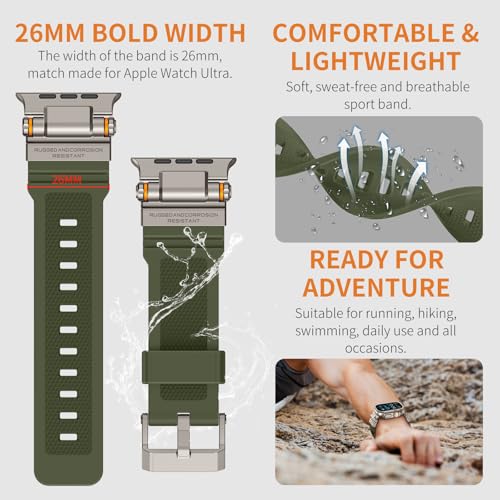 Image of FOAMUNOC Rugged Band Compatible with Apple Watch Ultra 3 /2 /1 Band 49mm /46mm /45mm /44mm /42mm, Metal Connector with Strap for iWatch Ultra Series 11 /10 /9 /8 /7 /6 /SE3 /SE2 /SE /5 /4 /3 /2 /1, Army Green /Titanium