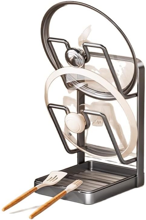 EASELR Kitchen Pot Lid Storage Rack, 304 Stainless Steel Pot Lid Holder While Cooking, Multifunctional Kitchen Pot Cover Organizer for Countertop, With Removable Drip Tray (Gray Double)