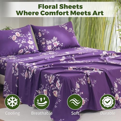 Image of Bedlifes Extra Deep Pocket 18-24 inch King 4-Piece Sheet Set - Cooling Sheets Blend Rayon Derived from Bamboo Soft & Breathable,Featuring Dark Purple Floral