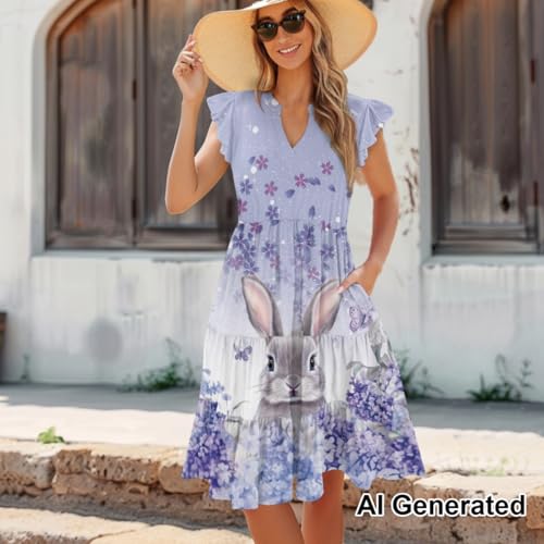 Image of Women's Casual Ruffle Sleeve Dress V Neck Pullover Dress Flowy A-Line Pleated Lightweight Dress with Pockets