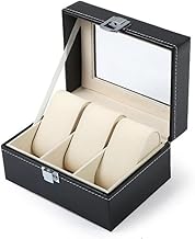 Faux Leather Finish 3 Slot Cavity Wrist Watch Storage Box Display Case Organizer with Glass Window (Black)