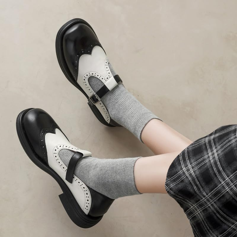 U-lite Mary Jane Oxfords for Women,Wingtip Brogue,T-Strap Soft Leather Retro Loafer Shoes, Low Heels Round Toe Dressy Business Office Shoes with Buckle - Image 7