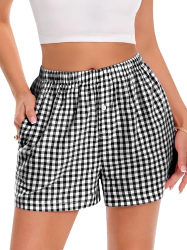 Image of Women Boxer Shorts Summer Gingham Pj Casual Plaid Bottoms with Pocket