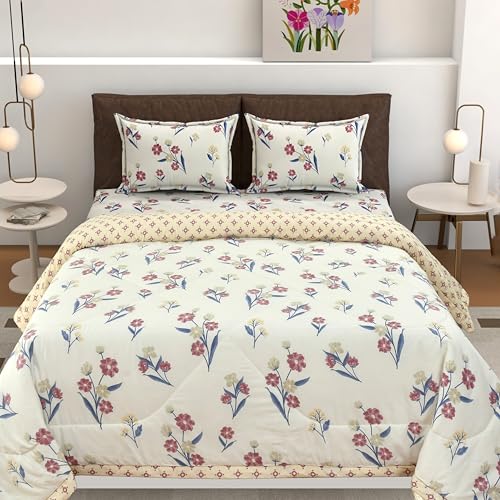 Image of Florida Maroon Floral Polycotton Double Bed AC Comforter with 1 Bedsheet & 2 Pillow Covers | Reversible 4 Pc Bedding Set