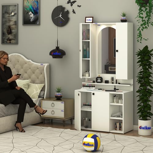 Image of Anikaa Opulex Engineered Wood Dressing Table with Mirror Cabinet, LED Lights, Storage Shelves & Back Panel - Wall Mounted Makeup Vanity & Organizer for Bedroom -(White) DIY Installation