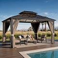 10' x 13' Hardtop Gazebo with Polycarbonate Double Roof, Aluminum Frame Permanent Pavilion with Curtains and Netting, Outdoor Gazebo for Patio Backyard (Khaki)