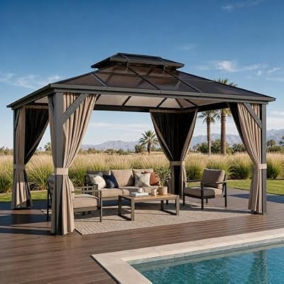10' x 13' Hardtop Gazebo with Polycarbonate Double Roof, Aluminum Frame Permanent Pavilion with Curtains and Netting, Outdoor Gazebo for Patio Backyard (Khaki)