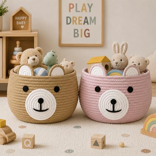 Image of PandaEar 2 Pack Cotton Rope Baby Basket, Baby Gift Basket Nursery Laundry Organizer with Cute Bear Design for Storage Infant Newborn Essentials, Diaper Caddy with Handle