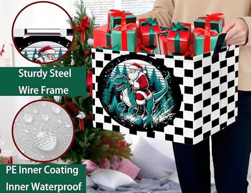 Image of Large Christmas Gifts Empty Baskets Kids Collapsible Holiday Storage Bin with Handle (Dinosaur Santa Claus)