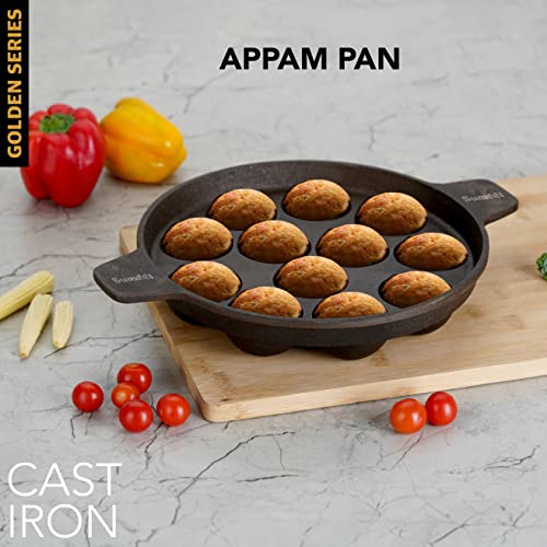Image of Sumeet Super Smooth Gold Series Pre Seasoned Cast Iron Appam Patra for Paniyaram /Appe /Ponganalu /Paddu |25cm 2.560kg, 12 Pit.