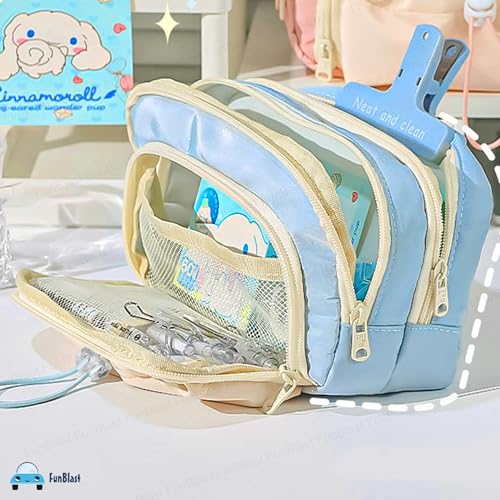 Image of FunBlast Pencil Pouch for Girls - Multiple Compartment Zipper Pouch with Drawstring Pocket, Aesthetic Pouch for Girl, Kawaii Pencil Case, Cute Pouches for Girls, Return Gift for Kids (Sky Blue)