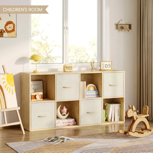 EXPERLAM-8-Cube-Storage-Organizer-Solid-Wood-Bookshelf-with-4-Storage-Bins-Cube-Shelf-with-2-Removable-Back-Panels-Vertical-or-Horizontal-Bookcase-Open-Book-Shelf-for-Bedroom-Living-Room-Office