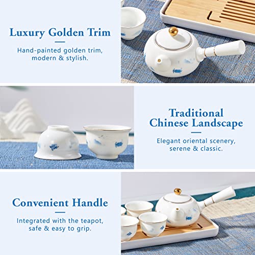 Dujust Porcelain Chinese Tea Set, Small Size Kungfu Tea Set, Traditional & Classic Chinese Landscape Decorated With Golden Trim (Including 1 Teapot, 4 Tea Cups, 1 Tray) #TOP2