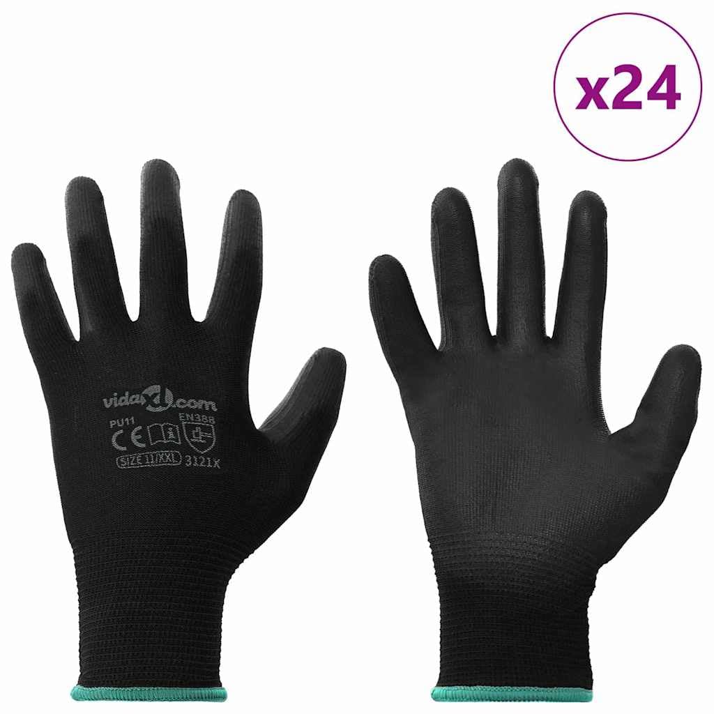 Lot de 24 paires de gants de travail XXL Taille 11 – Gants de montage respirants en polyester pour atelier, jardin et construction – Gants de protection noirs