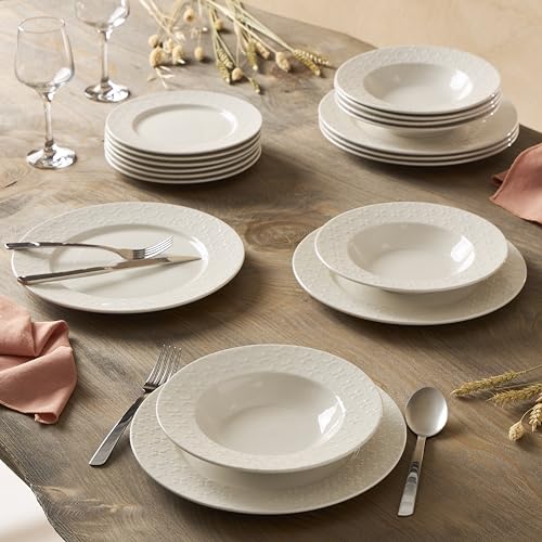 Geneviève Lethu - Vajilla de porcelana blanca 18 piezas, 6 personas, platos planos, hondos y de postre, decoración embutida Calais Caudry