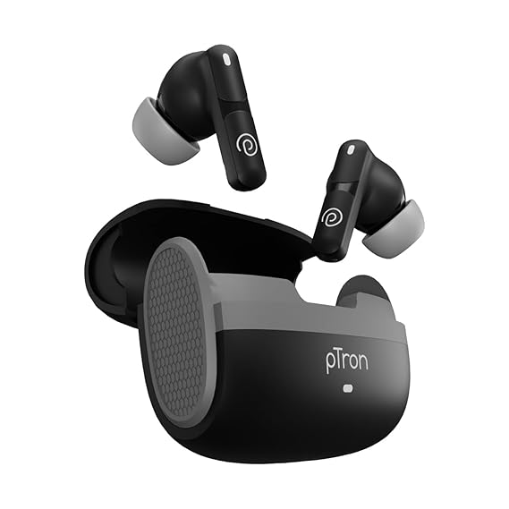 pTron Bassbuds Blaze in-Ear TWS Earbuds w/ 13mm Drivers, 50Hrs Playtime, AI-ENC Clear Calls, Bluetooth V5.4 Wireless Headphones, Touch Control, Voice Assistant, Type C Charging & IPX5 (Black & Grey)